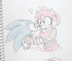 Size: 2047x1744 | Tagged: safe, artist:milokchan, amy rose, sonic the hedgehog, 2024, amy x sonic, blushing, heart, holding them, shipping, simple background, straight, traditional media, were form, werehog