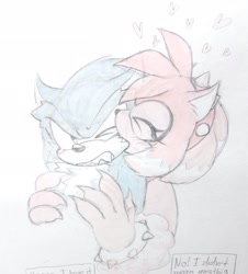 Size: 1855x2048 | Tagged: safe, artist:milokchan, amy rose, sonic the hedgehog, 2024, amy x sonic, biting, english text, heart, one eye closed, shipping, simple background, sonic the werehog, straight, traditional media, were form, werehog