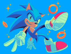 Size: 2048x1536 | Tagged: safe, artist:nolvini, sonic the hedgehog, 2024, blue background, looking at viewer, mid-air, ring, simple background, smile, solo, sparkles, v sign