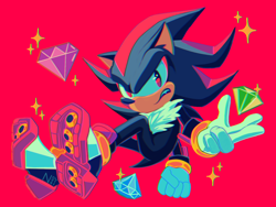 Size: 2048x1536 | Tagged: safe, artist:nolvini, shadow the hedgehog, 2024, chaos emerald, clenched teeth, frown, looking at viewer, mid-air, red background, simple background, solo, sparkles