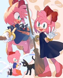 Size: 1662x2048 | Tagged: safe, artist:sa_ssssa, amy rose, cat, 2024, bow, broom, cosplay, crossover, dress, kiki's delivery service, literal animal, multiple views