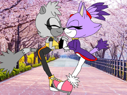 Size: 1136x851 | Tagged: safe, artist:eddiestrickland18, blaze the cat, tangle the lemur, 2022, blazebetes, cute, duo, eyes closed, flat colors, holding hands, lesbian, noses are touching, photographic background, shipping, smile, tangabetes, tanglaze