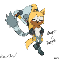 Size: 916x916 | Tagged: safe, artist:soneamlover, tangle the lemur, whisper the wolf, blushing, cute, duo, eyes closed, lesbian, riding on back, shipping, signature, simple background, smile, tangabetes, tangle x whisper, walking, whispabetes, white background