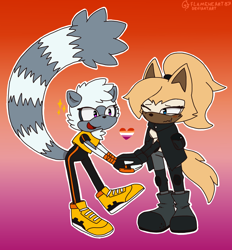 Size: 1264x1364 | Tagged: safe, artist:flameheart87, tangle the lemur, whisper the wolf, 2023, blushing, cute, duo, gradient background, heart, holding hands, lesbian, lesbian pride, looking at each other, one eye closed, outline, pride, pride flag background, shipping, signature, smile, sparkles, standing, tangabetes, tangle x whisper, whispabetes