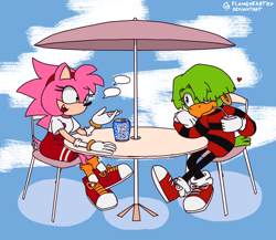Size: 1524x1324 | Tagged: safe, artist:flameheart87, amy rose, tekno the canary, 2023, abstract background, chair, date, drink, drinking, fleetway amy, heart, lesbian, looking at each other, shipping, signature, sitting, smile, speech bubble, table, talking, teknamy