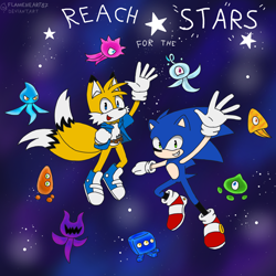 Size: 1324x1324 | Tagged: safe, artist:flameheart87, miles "tails" prower, sonic the hedgehog, wisp, 2023, abstract background, alternate outfit, blue shoes, blue wisp, cyan wisp, english text, green wisp, group, indigo wisp, looking at viewer, mid-air, orange wisp, pink wisp, purple wisp, reach for the stars, smile, sonic colors, star (symbol), waving
