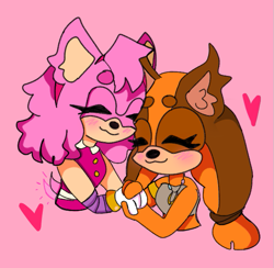 Size: 599x584 | Tagged: safe, artist:flashcamo, amy rose, sticks the badger, 2022, blushing, duo, ear fluff, eyes closed, heart, holding hands, lesbian, pink background, shipping, simple background, smile, sonic boom (tv), sticksamy, wagging tail