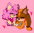 Size: 599x584 | Tagged: safe, artist:flashcamo, amy rose, sticks the badger, 2022, amy x sticks, blushing, duo, ear fluff, eyes closed, heart, holding hands, lesbian, pink background, shipping, simple background, smile, sonic boom (tv), wagging tail