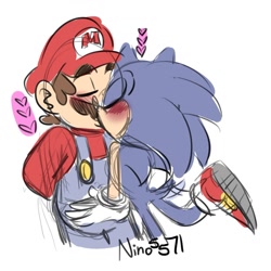 Size: 1165x1167 | Tagged: safe, artist:nino5571, sonic the hedgehog, human, 2018, blushing, crossover, crossover shipping, duo, eyes closed, gay, heart, kiss, mario, mario x sonic, shipping, signature, simple background, sketch, white background