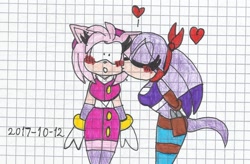 Size: 1038x679 | Tagged: safe, artist:katarinathecat, amy rose, perci the bandicoot, 2017, amy x perci, blushing, duo, eye clipping through hair, eyes closed, heart, kiss on cheek, lesbian, shipping, shrunken pupils, sonic boom (tv), standing, surprised, traditional media