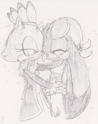 Size: 956x1208 | Tagged: safe, artist:blazeandwave, blaze the cat, wave the swallow, 2012, blaze x wave, blushing, duo, holding each other, lesbian, lidded eyes, looking at each other, monochrome, pencilwork, shipping, signature, sketch, smile, standing, traditional media