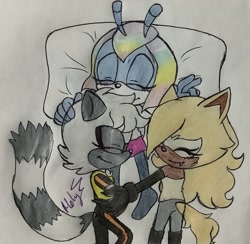 Size: 1754x1713 | Tagged: safe, artist:melyzone, jewel the beetle, tangle the lemur, whisper the wolf, 2021, cute, eyes closed, holding each other, jewel x tangle, jewel x tangle x whisper, jewel x whisper, lesbian, lying down, pillow, polyamory, shipping, signature, smile, tangewel, tangle x whisper, traditional media, trio