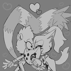 Size: 750x750 | Tagged: safe, artist:ablugreen, surge the tenrec, tangle the lemur, whisper the wolf, 2024, blushing, duo, eyes closed, grey background, greyscale, heart, heart tail, holding something, kiss, lesbian, mask, monochrome, shipping, simple background, standing, tangle x whisper