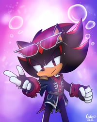 Size: 1400x1750 | Tagged: safe, artist:blazingcato01, shadow the hedgehog, abstract background, alternate outfit, lidded eyes, looking at viewer, signature, smile, solo, sonic forces: speed battle, standing