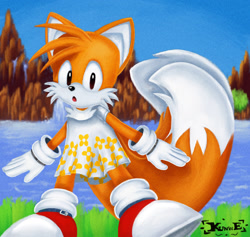 Size: 1720x1632 | Tagged: safe, artist:kunwe, miles "tails" prower, green hill zone, 2022, :o, abstract background, alternate outfit, classic style, classic tails, clothes, crossdressing, dress, femboy, looking at viewer, mouth open, signature, standing