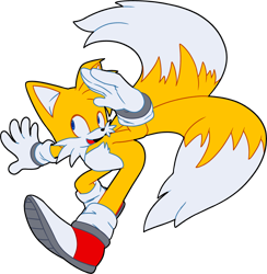 Size: 2891x2965 | Tagged: safe, artist:isabellaexpertartist, miles "tails" prower, 2024, flat colors, looking offscreen, mouth open, salute, simple background, smile, solo, transparent background