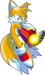 Size: 3325x5551 | Tagged: safe, artist:isabellaexpertartist, miles "tails" prower, sonic battle, 2023, arm buster, clenched teeth, frown, looking offscreen, mid-air, simple background, solo, transparent background