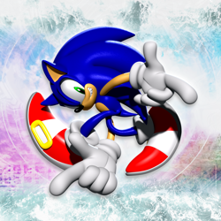 Size: 3718x3718 | Tagged: safe, artist:mago-dvx, sonic the hedgehog, sonic adventure, 2023, 3d, abstract background, adventure pose, looking at viewer, posing, redraw, smile, solo