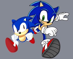 Size: 640x515 | Tagged: safe, artist:bombing-soda, sonic the hedgehog, 2023, classic sonic, classic style, duo, grey background, looking at viewer, redraw, self paradox, simple background, smile, sonic generations, uekawa style