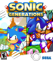 Size: 1600x1827 | Tagged: safe, artist:otop1_top1, artist:wrenchmaster4, sonic the hedgehog, green hill zone, 2020, abstract background, alternate version, blushing, box art, classic sonic, duo, grass, looking at viewer, loop, redraw, running, sega logo, self paradox, smile, sonic generations