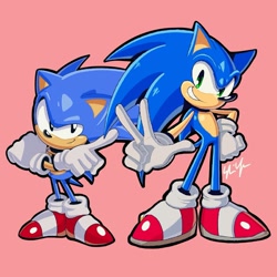 Size: 1440x1440 | Tagged: safe, artist:ssjsophia, sonic the hedgehog, 2024, arms folded, classic sonic, duo, hand on hip, looking at viewer, modern sonic, pink background, pointing, redraw, self paradox, signature, simple background, smile, sonic generations, standing, v sign