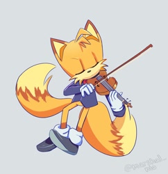 Size: 1550x1600 | Tagged: safe, artist:nia-owo, miles "tails" prower, 2020, alternate outfit, eyes closed, grey background, holding something, simple background, solo, tuxedo, violin