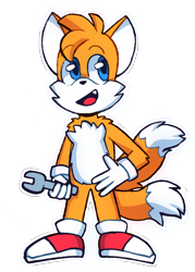 Size: 1900x2648 | Tagged: safe, artist:metr0nix727, miles "tails" prower, 2021, eyebrow clipping through hair, hand on hip, holding something, looking offscreen, mouth open, one fang, outline, simple background, solo, standing, transparent background, wrench