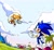 Size: 1238x1136 | Tagged: safe, artist:stupidfred0, miles "tails" prower, sonic the hedgehog, 2023, airplane, clouds, daytime, flying, looking at each other, outdoors, standing