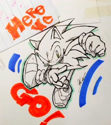 Size: 2402x2689 | Tagged: safe, artist:stupidfred0, sonic the hedgehog, 2024, english text, grin, pose, smile, solo, traditional media
