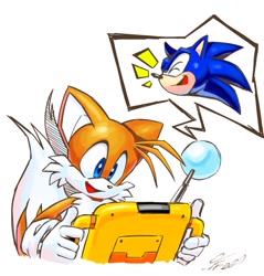 Size: 1167x1220 | Tagged: safe, artist:stupidfred0, miles "tails" prower, sonic the hedgehog, 2024, duo, miles electric, simple background, smile, white background