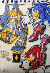 Size: 2716x3999 | Tagged: safe, artist:stupidfred0, knuckles the echidna, miles "tails" prower, sonic the hedgehog, sonic adventure 2, 2024, cyclone, grin, question mark, simple background, smile, soap shoes, team sonic, thumbs up, traditional media, trio