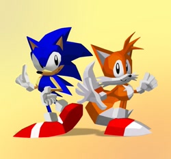 Size: 911x849 | Tagged: safe, artist:stupidfred0, miles "tails" prower, sonic the hedgehog, 2023, duo, faux 3d, low poly, simple background, standing, yellow background
