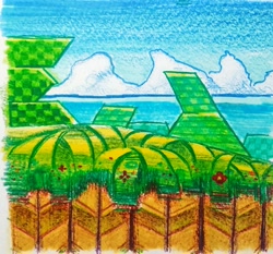 Size: 1727x1613 | Tagged: safe, artist:stupidfred0, 2023, clouds, daytime, leaf forest, no characters, outdoors, sonic advance 2, traditional media, water