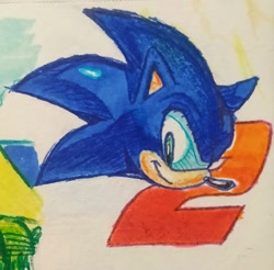 Size: 1207x1190 | Tagged: safe, artist:stupidfred0, sonic the hedgehog, 2023, head only, smile, solo, sonic advance 2, traditional media