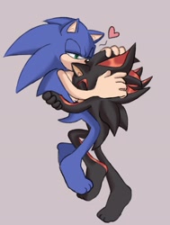 Size: 1548x2048 | Tagged: safe, artist:eterllullaby, shadow the hedgehog, sonic the hedgehog, 2024, barefoot, cuddling, duo, gay, gloves off, grey background, heart, holding each other, lidded eyes, shading practice, shadow x sonic, shipping, shoes off, simple background, socks off