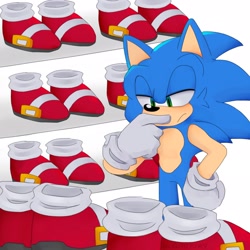 Size: 2048x2048 | Tagged: safe, artist:_bbutterfry, sonic the hedgehog, 2024, frown, lidded eyes, shoes, simple background, solo, standing, thinking, white background