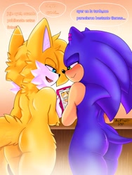 Size: 768x1024 | Tagged: suggestive, artist:angellobo534, miles "tails" prower, sonic the hedgehog, 2024, abstract background, blushing, butt, desk, dialogue, duo, gay, gradient background, lidded eyes, phone, shipping, signature, smile, sonic x tails, spanish text, standing