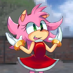 Size: 2048x2048 | Tagged: safe, artist:kkskfkgkwo72944, amy rose, sonic the hedgehog (2006), 2024, abstract background, looking offscreen, redraw, smile, solo, standing