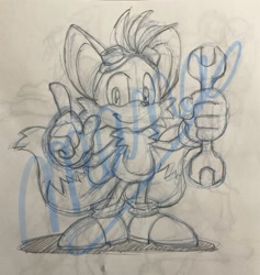 Size: 1917x2023 | Tagged: safe, artist:manaita, miles "tails" prower, 2024, goggles, holding something, line art, obtrusive watermark, pencilwork, pointing, smile, solo, standing, traditional media, watermark, wrench