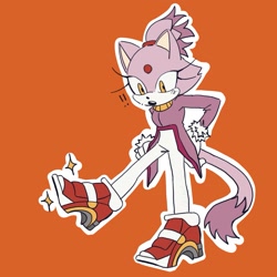 Size: 1619x1619 | Tagged: safe, artist:smol_link1, blaze the cat, 2024, alternate outfit, exclamation mark, leg up, looking at something, mouth open, orange background, outline, shoe swap, simple background, soap shoes, solo, sparkles, standing on one leg