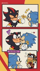 Size: 736x1308 | Tagged: safe, artist:zeeowo_, shadow the hedgehog, sonic the hedgehog, blushing, border, classic shadow, classic sonic, comic, cute, duo, english text, exclamation mark, flower, frown, gay, grey background, heart, holding something, kiss on cheek, looking at each other, looking at them, offering flower, question mark, shadow x sonic, shipping, simple background, smile, standing, surprised, sweatdrop