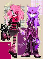 Size: 1494x2048 | Tagged: safe, artist:riosuhanah, amy rose, blaze the cat, 2024, abstract background, alternate outfit, amy x blaze, bag, boots, duo, frown, gloves off, headphones, headphones around neck, leg warmers, lesbian, lidded eyes, looking at viewer, mouth open, shipping, shirt, skirt, smile, standing, standing on one leg, star (symbol), v sign, wink