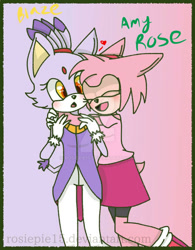 Size: 800x1028 | Tagged: safe, artist:rosiepie15, amy rose, blaze the cat, 2017, amy x blaze, amybetes, blazebetes, blushing, border, character name, cute, deviantart watermark, duo, eyes closed, gradient background, heart, hugging, lesbian, obtrusive watermark, shipping, signature, smile, standing, watermark