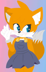 Size: 1024x1610 | Tagged: safe, artist:rosiepie15, miles "tails" prower, 2017, :3, alternate outfit, blushing, clothes, cute, deviantart watermark, dress, ear fluff, fangs, gradient background, looking offscreen, obtrusive watermark, smile, solo, standing, tailabetes, trans female, trans girl tails, transgender, watermark