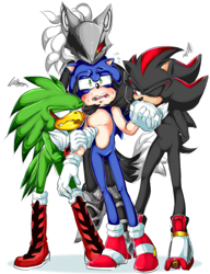 Size: 1323x1722 | Tagged: safe, artist:infinity-max, infinite the jackal, jet the hawk, shadow the hedgehog, sonic the hedgehog, 2019, annoyed, blushing, gay, group, hands on another's face, holding them, kiss on hand, love triangle, one eye closed, shadow x sonic, shipping, simple background, sonfinite, sonjet, standing, white background