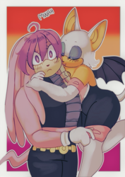Size: 1080x1527 | Tagged: safe, artist:knucklesenjoyer, julie-su, rouge the bat, 2022, blushing, duo, eyes closed, frown, holding them, julie-su x rouge, kiss on cheek, lesbian, lesbian pride, mwah, outline, pride, pride flag background, sfx, shipping, standing, surprised
