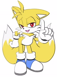 Size: 1514x2048 | Tagged: safe, artist:fixstern star, miles "tails" prower, 2024, bending over, blue shoes, flat colors, floppy ear, hand on hip, lidded eyes, looking at viewer, mouth open, one fang, pointing, red eyes, sassy, simple background, smile, solo, standing, white background
