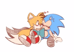 Size: 2048x1476 | Tagged: safe, artist:buttersss__, miles "tails" prower, sonic the hedgehog, 2024, blushing, book, classic sonic, classic tails, cute, duo, ear fluff, eyes closed, frown, gay, heart, holding something, kiss on cheek, looking at them, one eye closed, reading, shipping, simple background, sitting, sonabetes, sonic x tails, tailabetes, white background