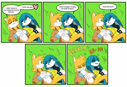 Size: 2048x1399 | Tagged: safe, artist:ogfirerabbit, kit the fennec, miles "tails" prower, ..., 2024, alternate outfit, clothes, daytime, dialogue, duo, english text, eyes closed, gay, grass, kitails, laughing, looking at each other, looking at them, lying down, older, outdoors, sfx, shipping, speech bubble