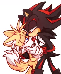 Size: 1080x1296 | Tagged: safe, artist:cup99mug33992, miles "tails" prower, shadow the hedgehog, 2024, duo, french kiss, gay, holding each other, kiss, lidded eyes, looking at each other, saliva, shadails, shipping, simple background, standing, tongue out, white background